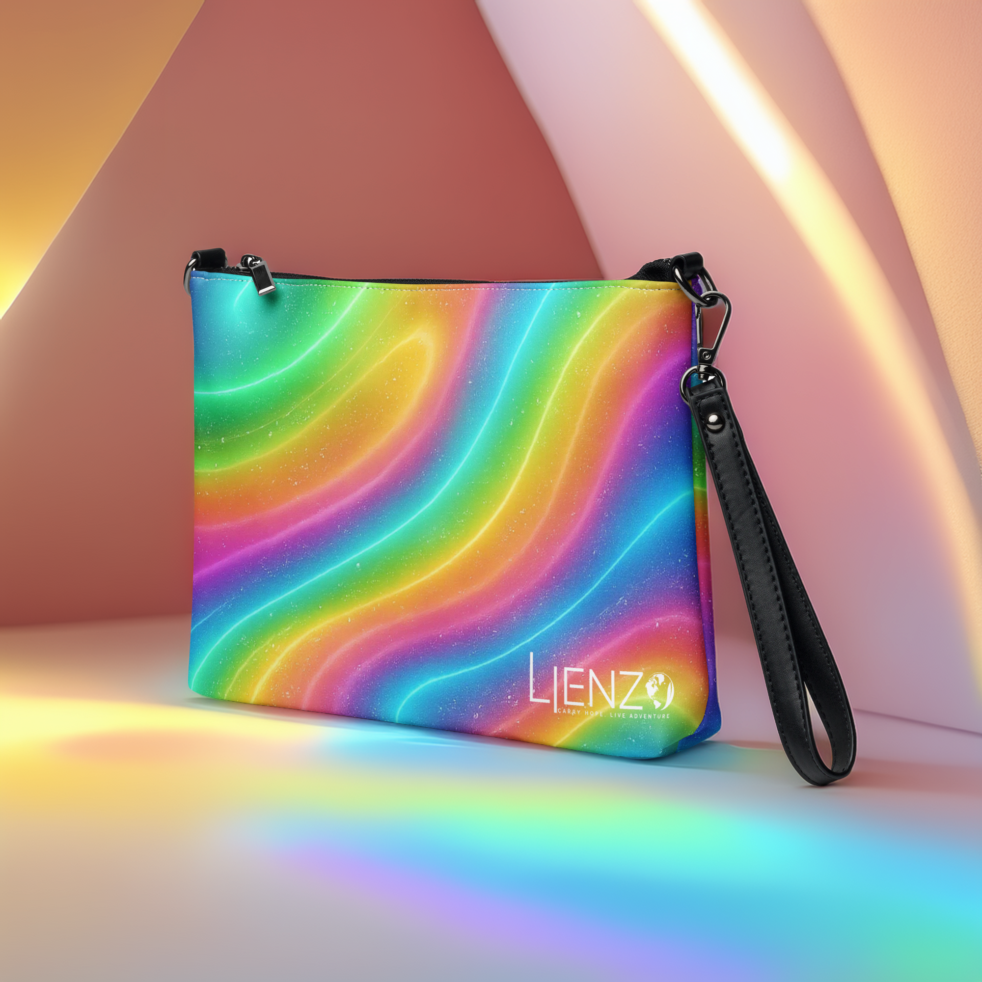 Sac bandoulière arc-en-ciel Lienzo posé en décor géométrique rose et beige, avec lanière noire et reflets lumineux multicolores.