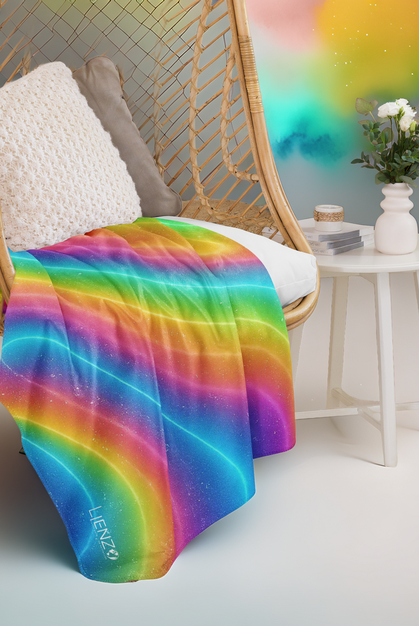 Couverture sherpa arc-en-ciel drapée sur un fauteuil suspendu en rotin, dans un décor lumineux et cosy avec coussins et petite table blanche.