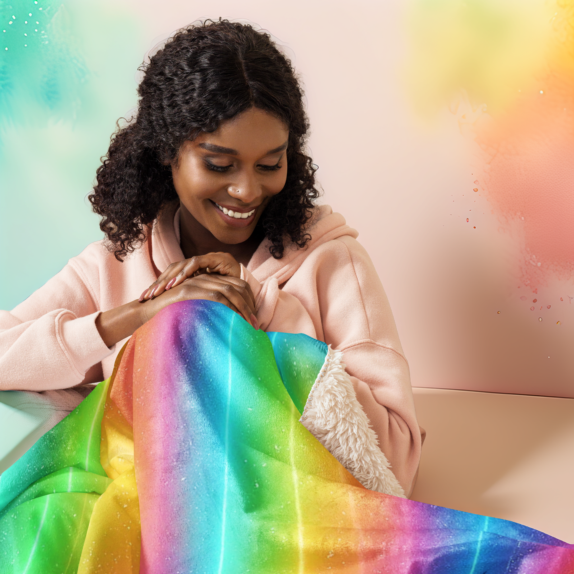 Femme assise et souriante, enveloppée dans une couverture sherpa arc-en-ciel brillante, dans un décor lumineux aux tons pastel.