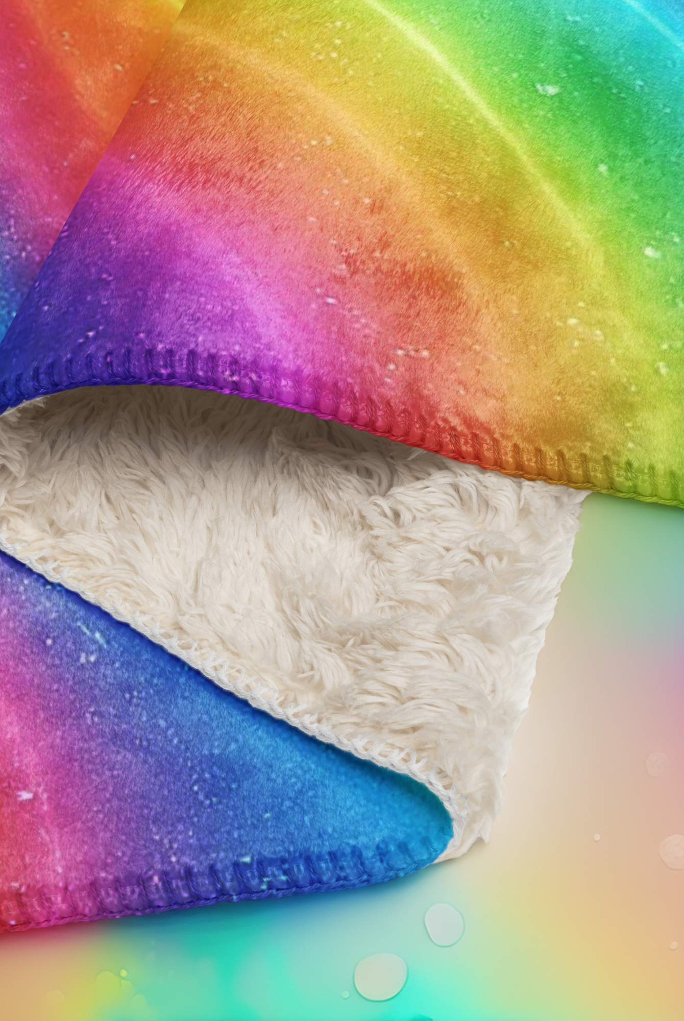 Gros plan sur un plaid sherpa arc-en-ciel : l’endroit coloré présente des dégradés vifs du rouge au bleu, tandis que l’envers en sherpa crème apparaît doux et duveteux.