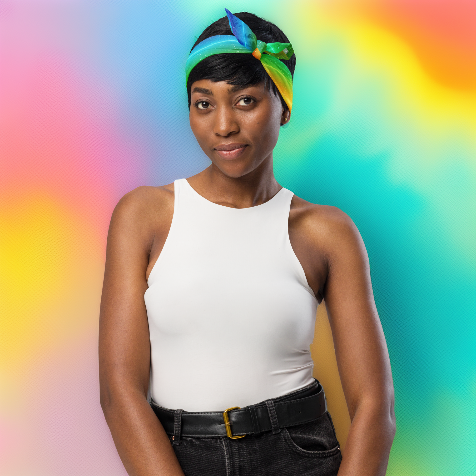 Portrait d’une femme souriante portant un bandana arc-en-ciel noué sur la tête, posant devant un fond coloré dégradé dans des tons pastel.