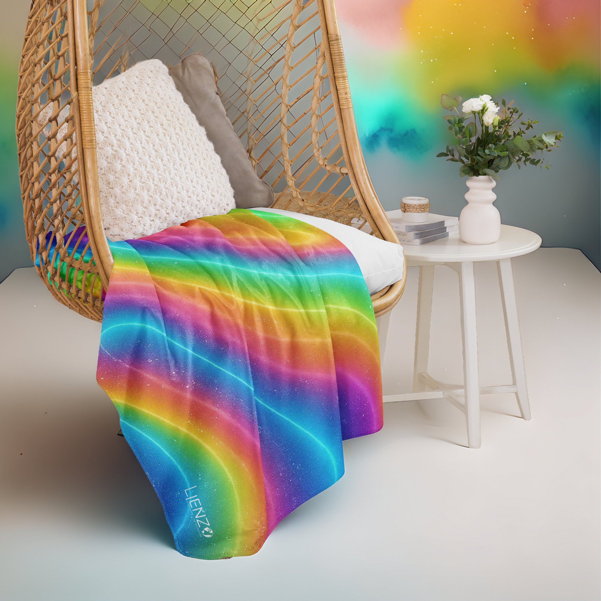 Couverture sherpa arc-en-ciel drapée sur un fauteuil suspendu en rotin, dans un décor lumineux et cosy avec coussins et petite table blanche.