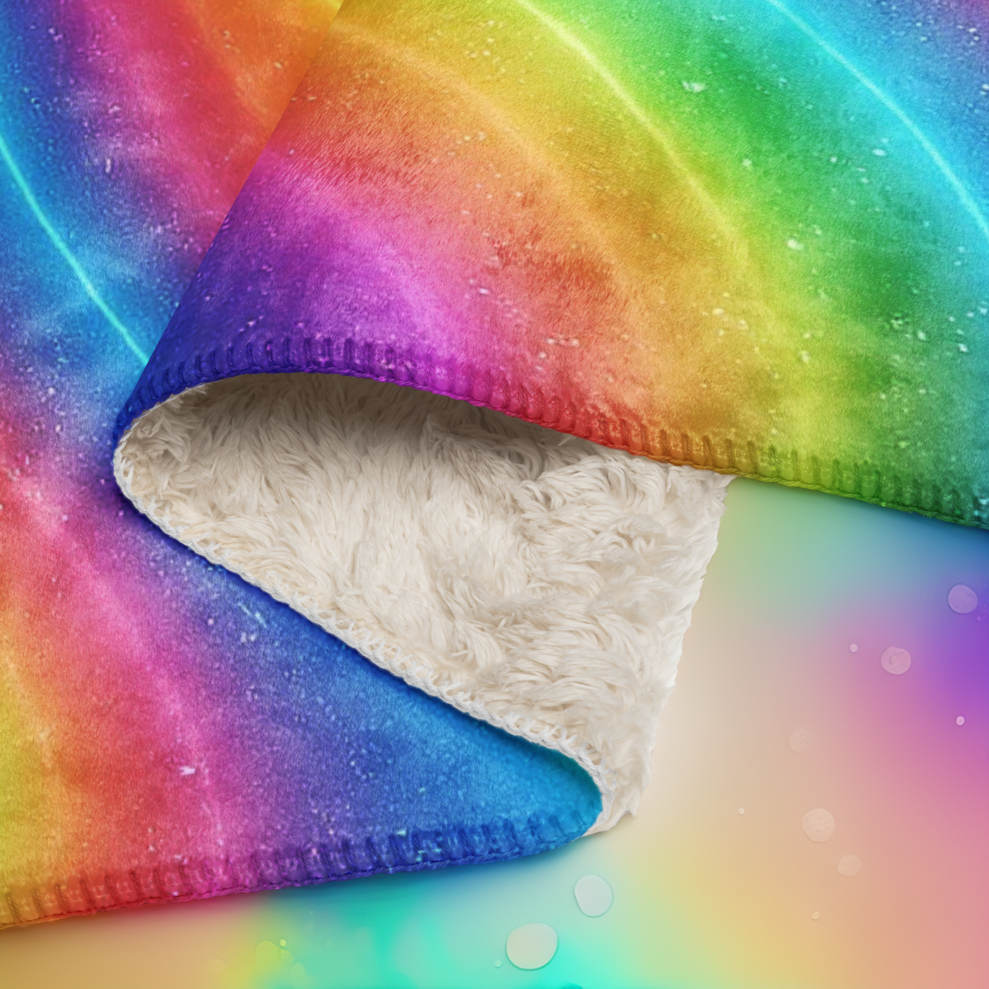 Gros plan sur un plaid sherpa arc-en-ciel : l’endroit coloré présente des dégradés vifs du rouge au bleu, tandis que l’envers en sherpa crème apparaît doux et duveteux.