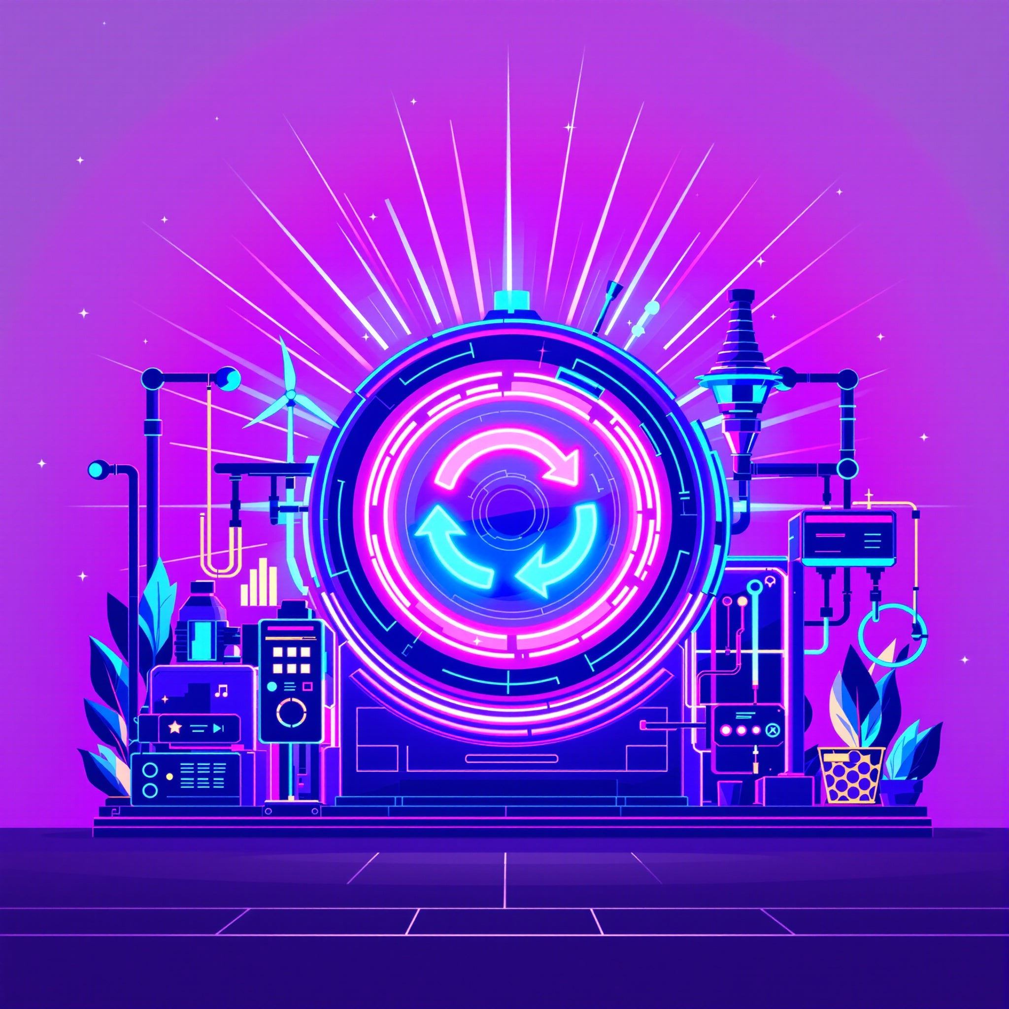 Illustration d’une machine futuriste de recyclage en néon violet et bleu, avec un grand cercle lumineux au centre représentant l’économie circulaire, entourée de tuyaux, d’écrans et d’éléments industriels, sur un fond violet.
